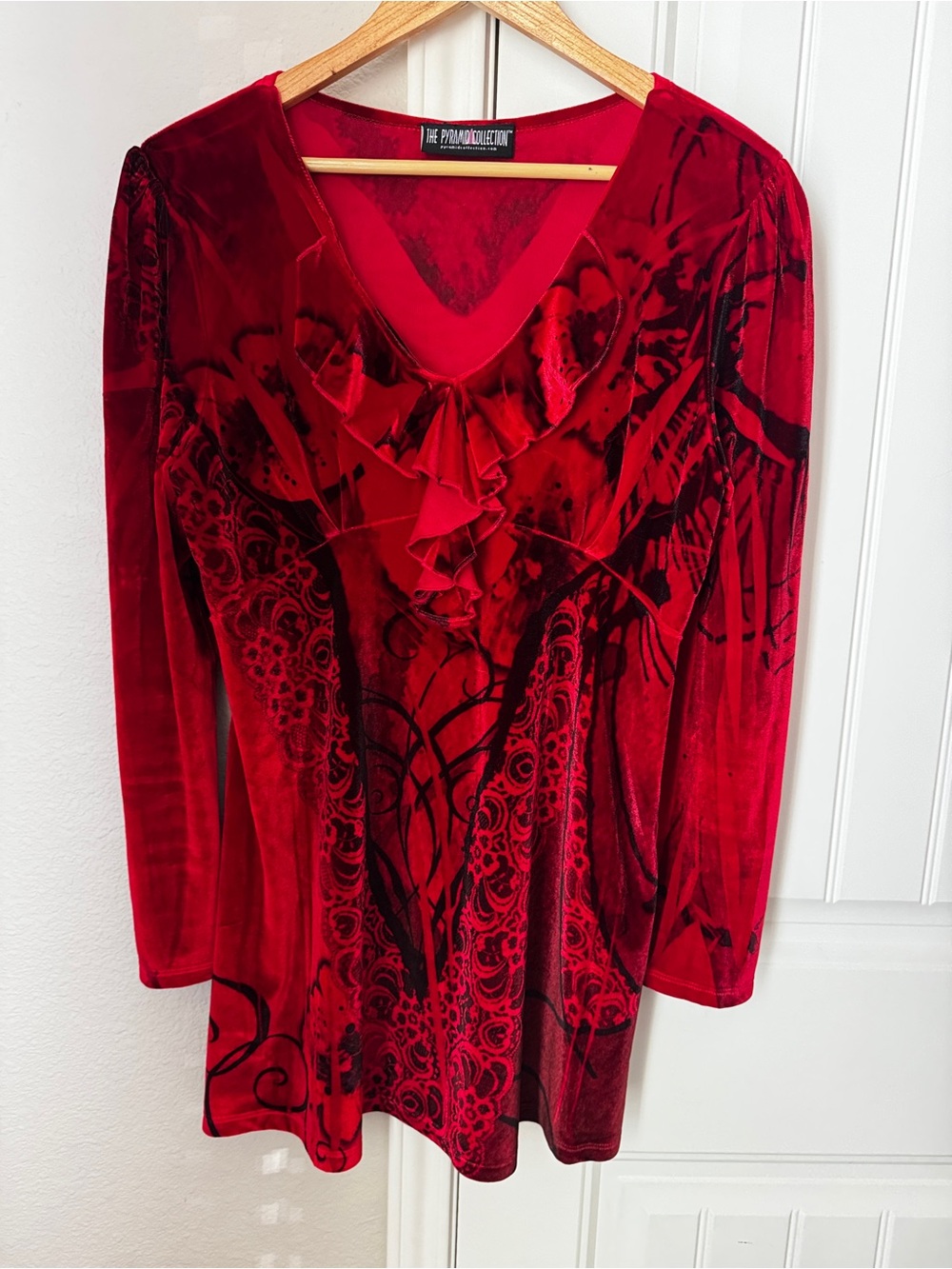 The Pyramid Collection Red Velvet blouse  Ruffle V-Neck Long Sleeve